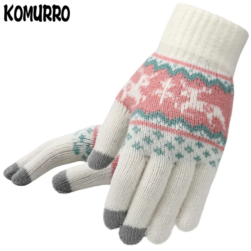 Winter Women Knitted Gloves Christmas Deer Fashion Full Finger Mittens Female Soft Pattern Touch Screen Knit | Аксессуары для