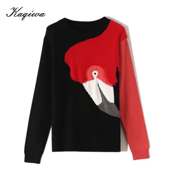 

Autumn and winter 2020 new Korean female Flamingo flocking color matching round neck Pullover Sweater long sleeve bottom knit