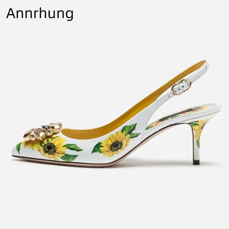 

Chic Sunflower Print Shoes Woman Crystal Flower Decor Pumps Sexy Pointed Toe Slingbacks Shoes Kitten Heel Slim Party Shoes Women