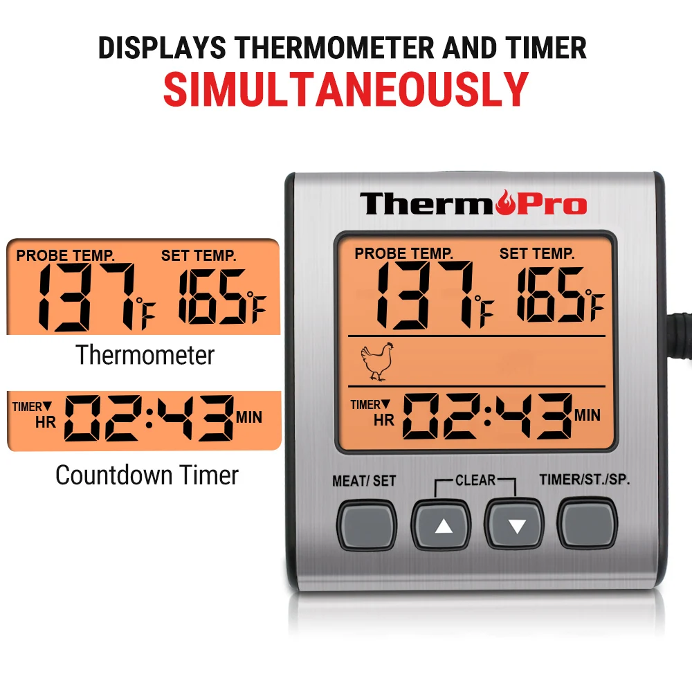 ThermoPro TP16S цифровой термометр для духовки с таймером термометр для мяса Кухонный Термометр для приготовления пищи Термометр для барбекю подсветка
