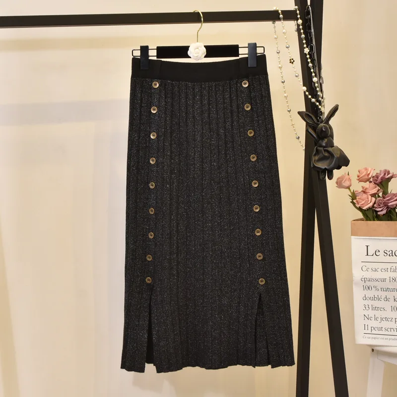 Винтажная Гибкая эластичная плиссированная теплая трикотажная юбка с высокой талией для женщин, однотонные Серые Черные двубортные