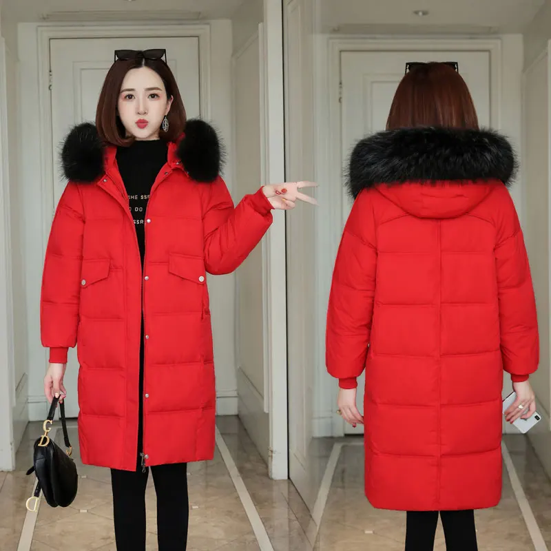 Шикарное длинное меховое пальто для женщин с капюшоном, зимнее пуховое пальто для пекарни, тяжелая куртка большого размера, Толстая теплая ватная парка с большим карманом - Цвет: RED