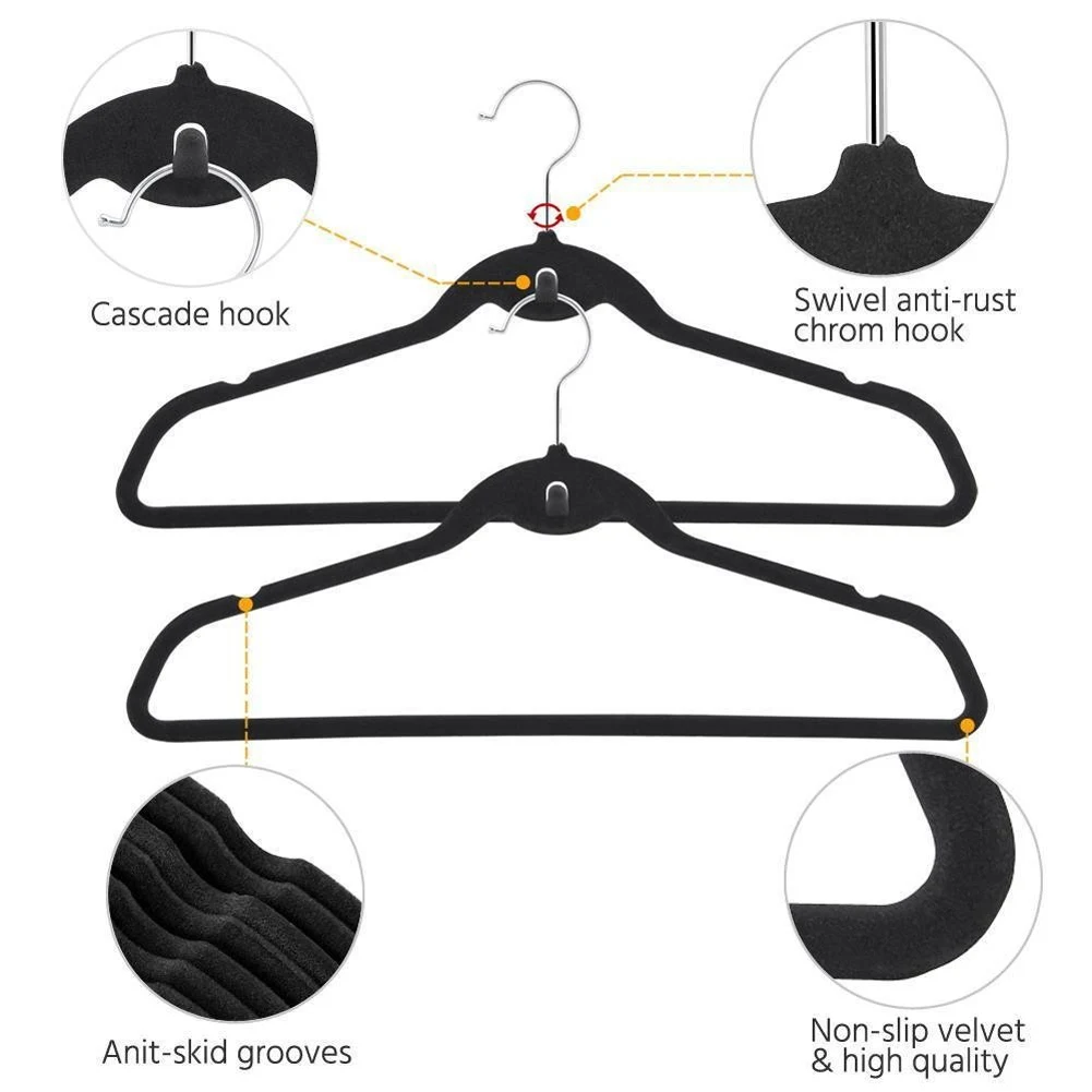 10/20Pcs Foldable Black Velvet Clothes Rack, Non-Slip Flocking Hanger, Balcony Home Accessories, Wardrobe Organizer, Wardrobe 4