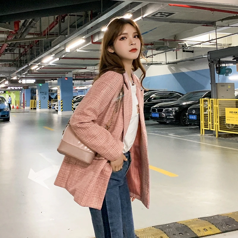 Hongkong женские негабаритные блейзеры розовый клетчатый пиджак и куртки Femme Повседневная Chaqueta Mujer Bleiser Feminino