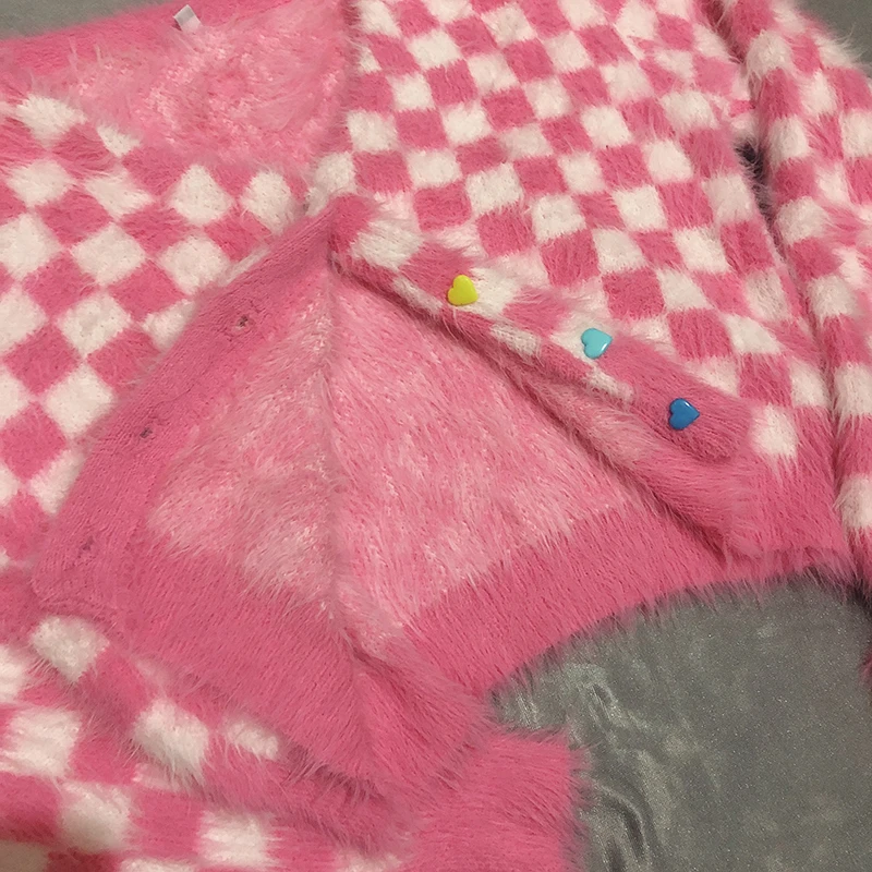 Сексуальный укороченный свитер кардиган женский осень зима длинный рукав розовый плед милый пушистый джемпер V шеи женский свитер