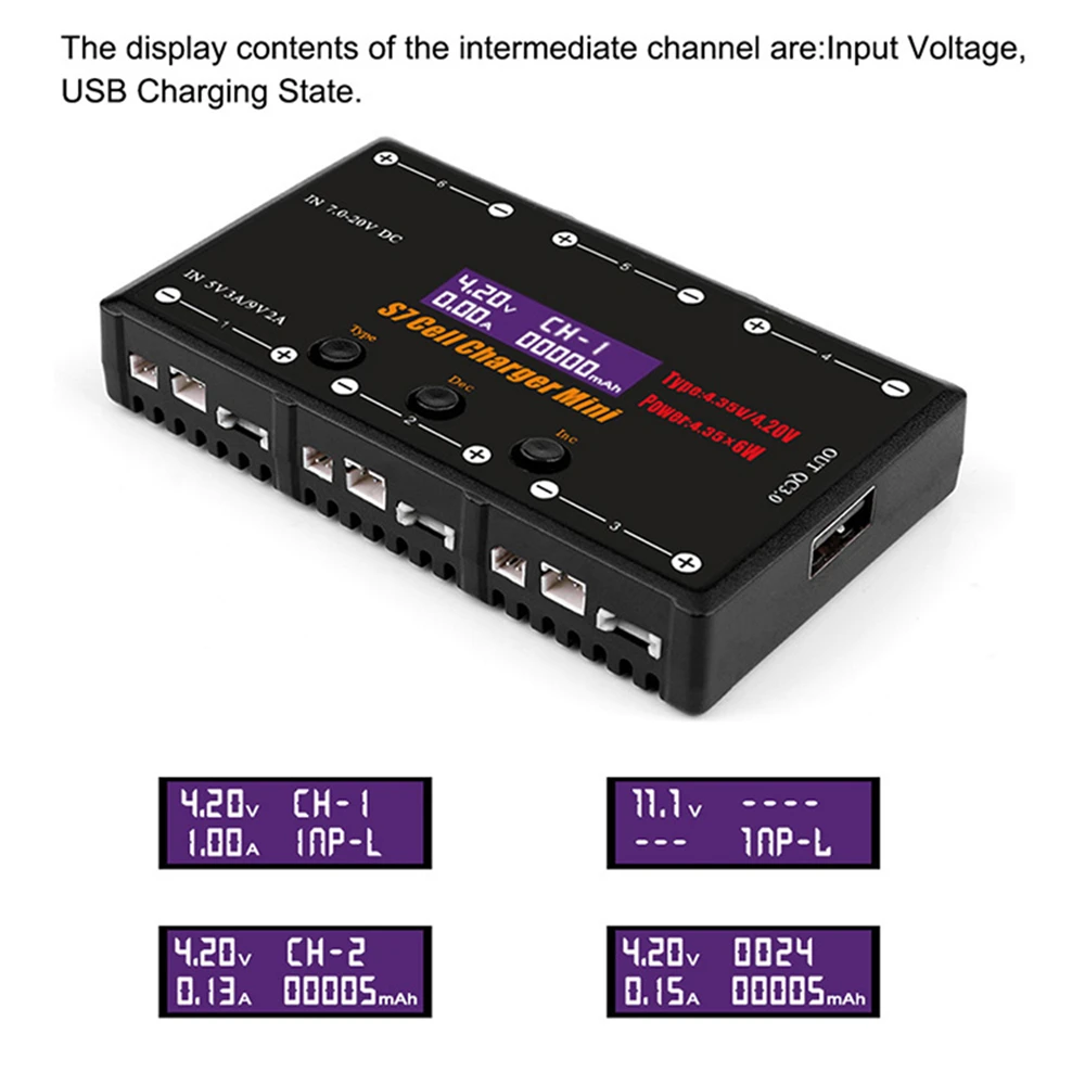 6 в 1 1S зарядное устройство 6x4,35 Вт DC Lipo/LiHV зарядное устройство с микро-разъемом MCX Mcpx MOLEX интерфейс батареи QC3.0 USB выход
