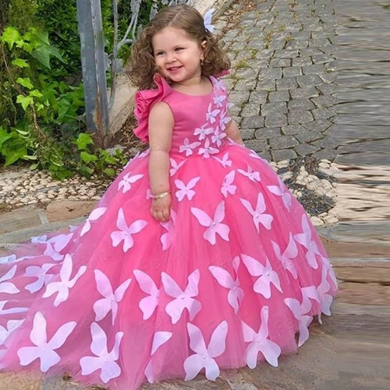 2019 New  Girls Birthday Party Dress with Pearls Rose Red Puffy Tulle Flower Girl Dress with 3D Butterflies Vestidos