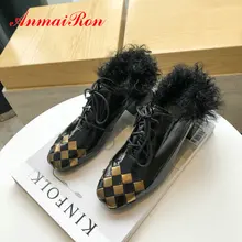 ANMAIRON/ г. Повседневная модная Роскошная обувь из лакированной кожи на высоком каблуке, с круглым носком, на шнуровке, с мехом классические женские туфли-лодочки размеры 34-42