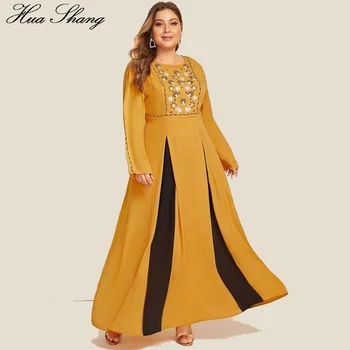

Contrast Multicolor Elegant Dress Women Autumn Long Sleeve Embroidery Maxi Long Dresses Plus Size Abaya Dubai Muslim Dress