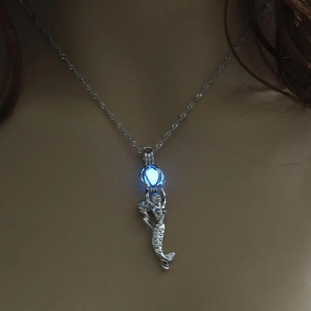 Летнее ювелирное ожерелье с подвеской-русалкой светится в темноте колье-чокер 3 цвета светящаяся для женщин подарок серебряная цепочка - Окраска металла: Blue