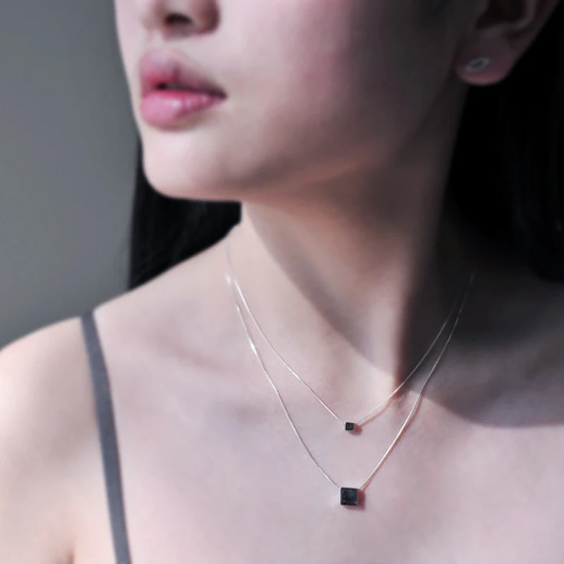 

Utimtree New Simple Geometric 925 Sterling Silver Multi Layer Chokers Necklaces for Women Jewelry Square Female Pendant Necklace