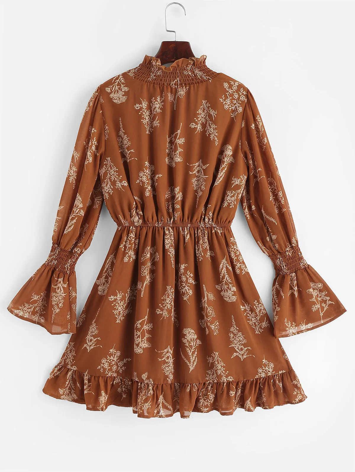 ZAFUL Shirred Flower Print Bell Sleeve Dress For Women A-Line Mock Neck Long Sleeve Belt Mini Drawstring Female Dress