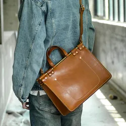 Fashion business men small notebook square handbag daily work office ladies natural real leather documents shoulder diagonal bag