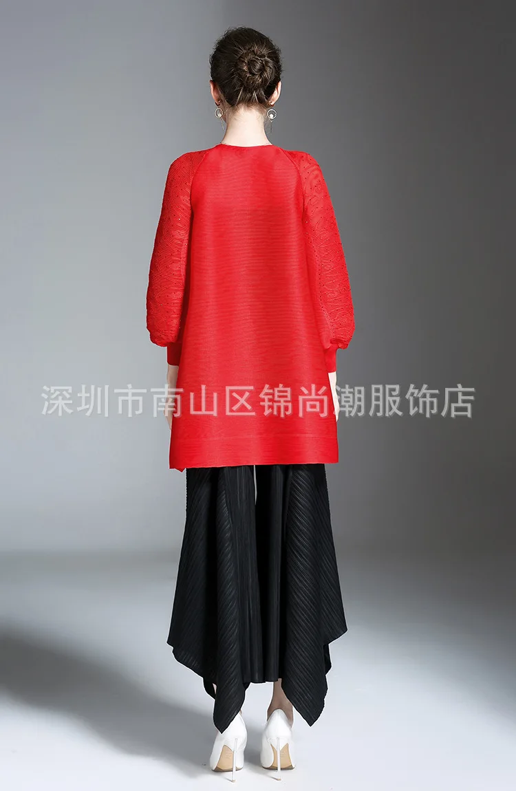 Miyake Плиссированное Брендовое женское платье, осенняя одежда, Марлевое соединение, комплект со стразами, пальто с рукавами-фонариками, Тренч, пальто на одной пуговице Cardi