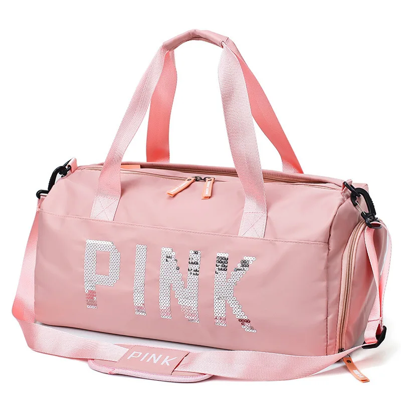 Новейший дизайн с блестками, розовая сумка для фитнеса с буквами, сухая и влажная разделительная спортивная сумка, сумка через плечо, сумка для путешествий