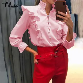 

2020 Celmia Women Tops and Blouses Autumn Stand Collar Long Sleeve Shirts Casual Loose Button Down Female Elegant Ruffles Blusas