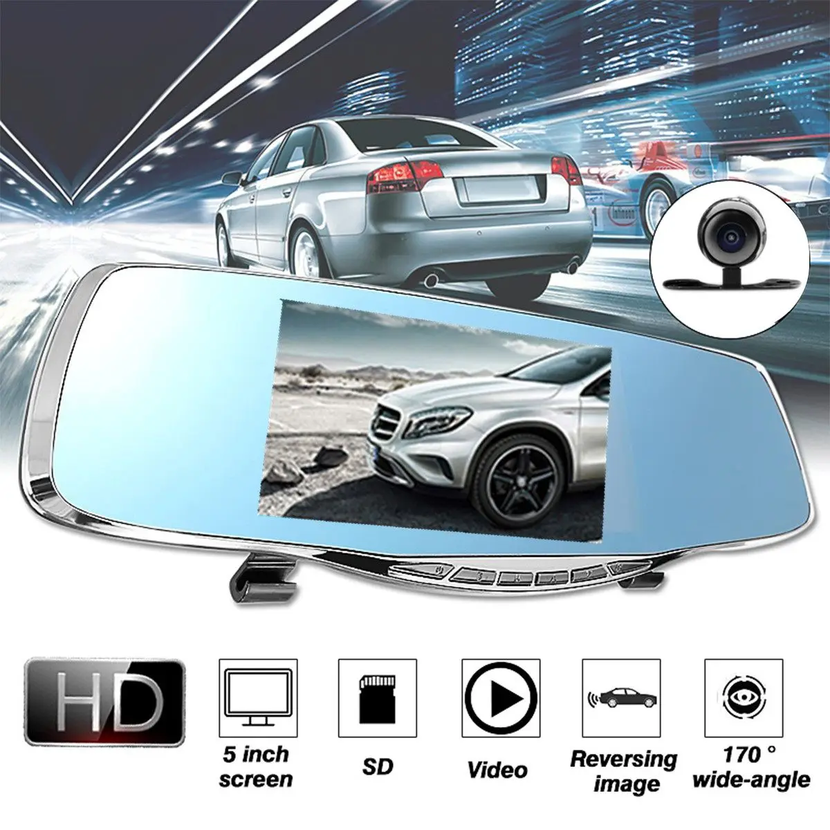 Full HD 1080P Автомобильный видеорегистратор Камера авто 5 дюймов зеркало заднего вида тире камера цифровой видеорегистратор двойной объектив регистратор видеокамера
