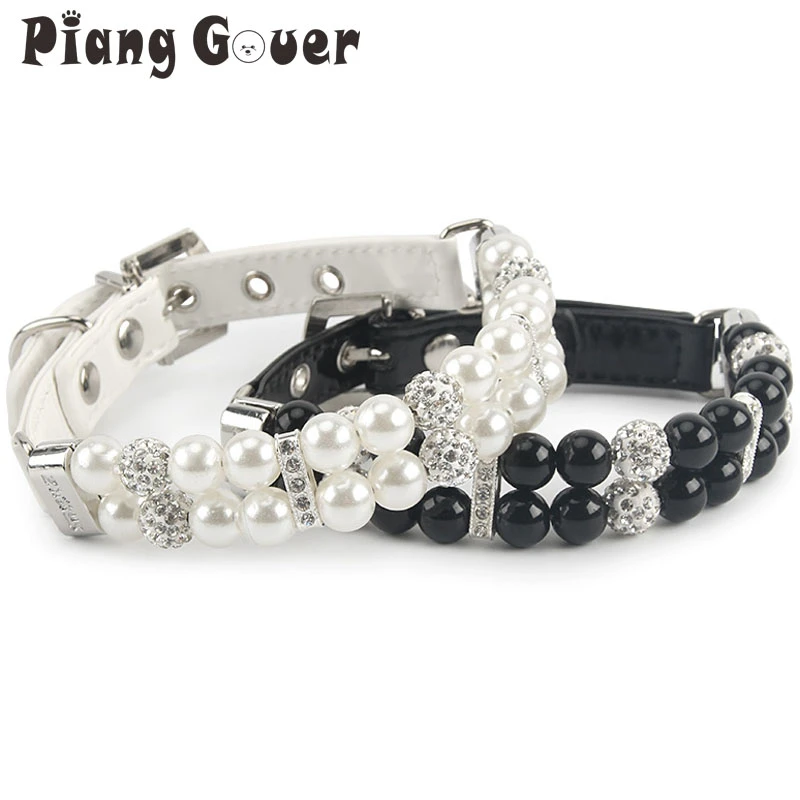 Dog Pearl Collar PU Leather Dog Collar Artificial Pearls Rhinestone Pet