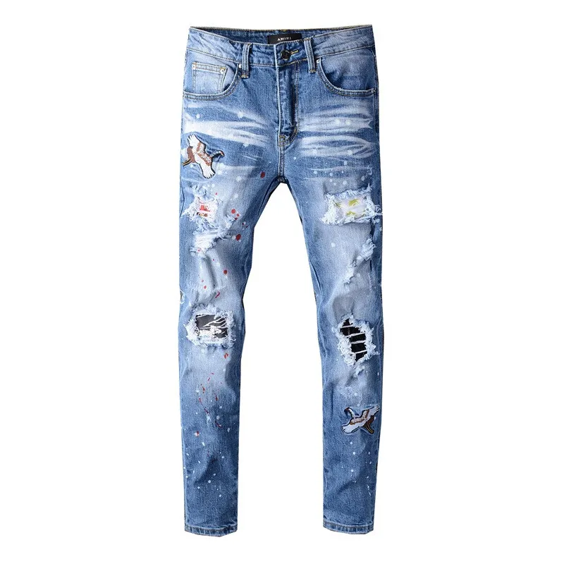 KIMSERE Для мужчин модная марка NEW Fashion Hi Street рваные джинсы брюки для девочек с вышивкой уличная рваные джинсовые штаны мытого синего цвета больших Размеры 28-40