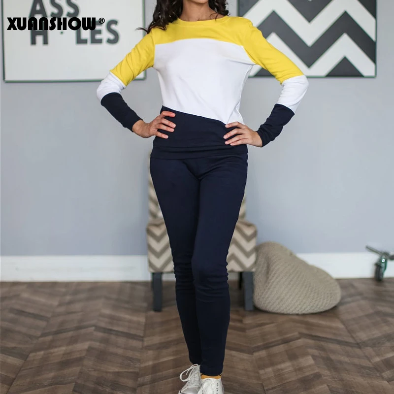 Tanie XUANSHOW 2019 dres kobiety odzież sportowa jesień zima Splice z długim rękawem polar długie spodnie 2 sztuka zestaw pani odzież S XXL
