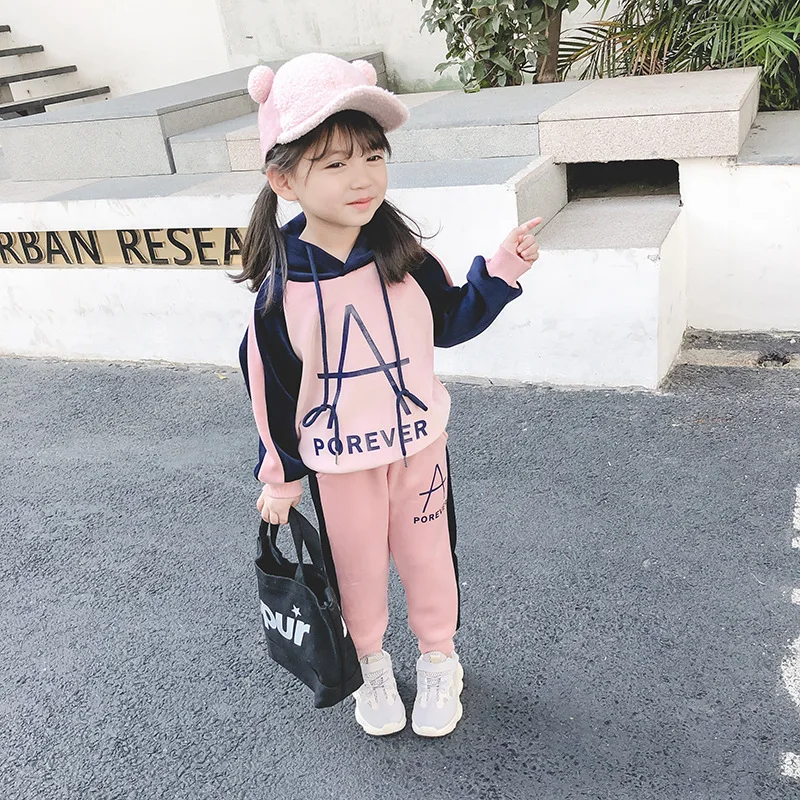 

2018 Autumn And Winter Korean-style Girls Velvet Embroidery Lettered Two-Piece Set Sports Thick Set 2-8-Year-Old's