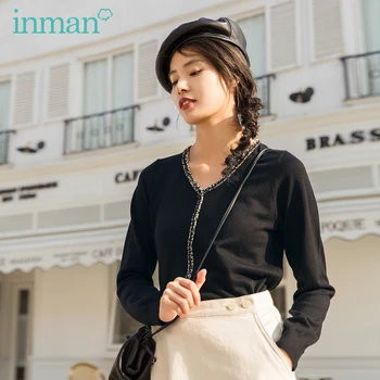 

INMAN 2020 Spring New Arrival Literary Fashion Splice Tassel V-line Collar Loose Pullover Knitting Sweater