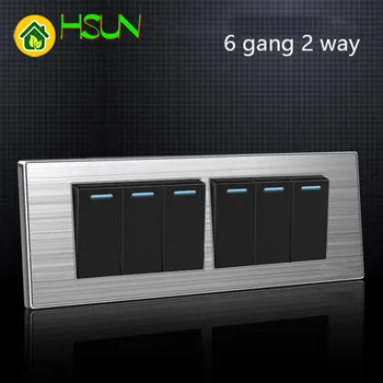 

6 Gang 2 Way Luxury Light Switch On / Off Wall Interruptor With Led Indicator Stainless Steel Panel 197* 72mm