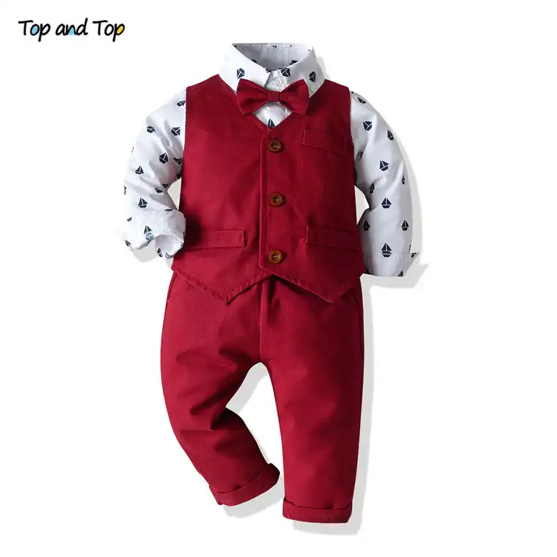 2 7T Kids Baby Boy Formal Gentleman Formal Suits Xmas Red Plaid 4pcs Waistcoat+Bow Tie+Shirts