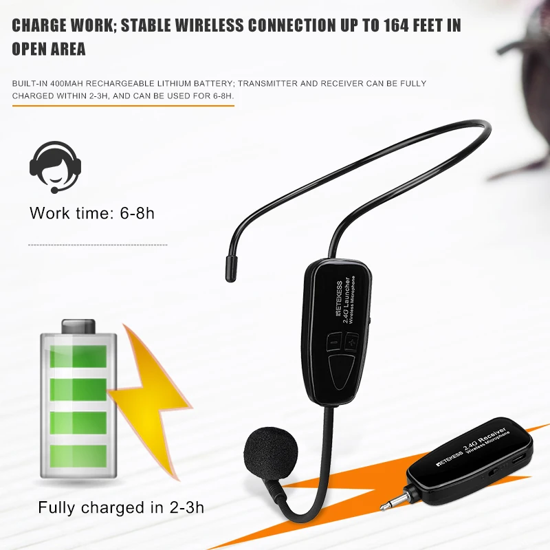 Retekess-TT123 2.4G 헤드마운트 무선 마이크 송신기 및 수신기, 음성 증폭기 스피커 교육 투어 가이드 지원