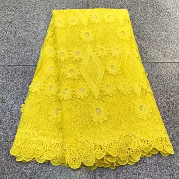 

2019 Latest African Lace Fabric Yellow French Cord Lace Fabric Embroidered Nigerian Tulle Lace Fabric With Sequins For Wedding