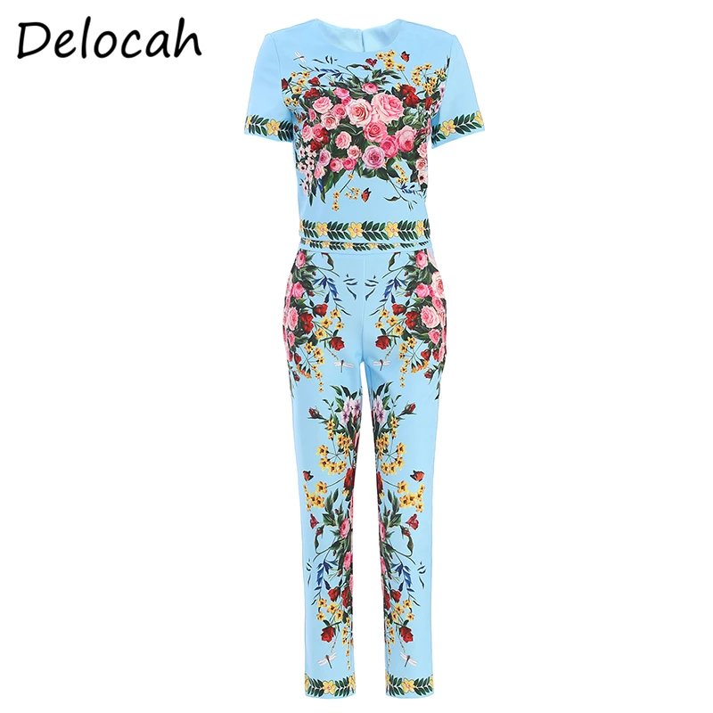 

Delocah Spring Summer Women Set Runway Fashion Designer Short Sleeve Floral Printed Elegan Slim Holiday Pants Two Pieces Suits