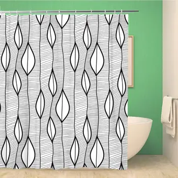 

Bathroom Shower Curtain Outline Geometric Pattern Simple Wave Lines Leaves Swatch 66x72 inches Waterproof Bath Curtain Set with