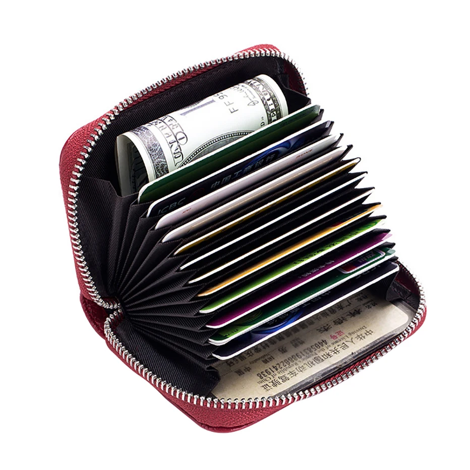Genuine Leather Credit Card Case RFID Blocking Credit Card Holder Small Zipper Wallet with 12 Card Slots