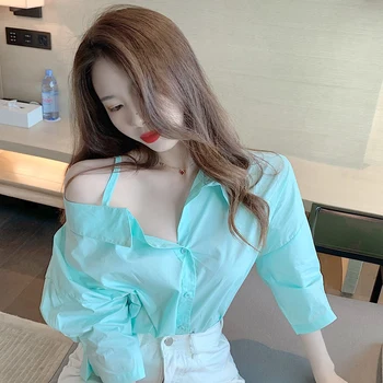 

COIGARSAM Shirt Womens tops Women shirts White Green 2756