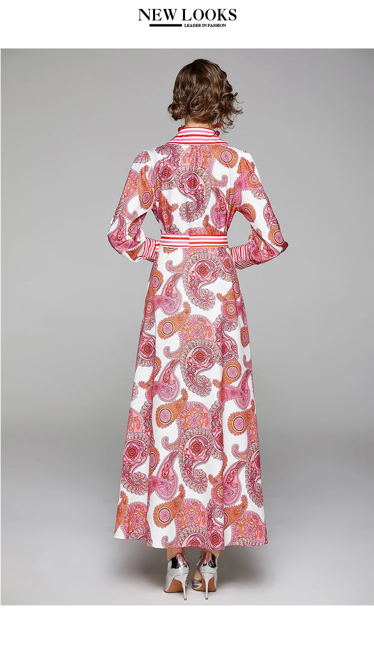 Runway Design Dress 2020 Autumn Winter Women Long-sleeved Red Vintage Print Dress Lady Loose Plus Size Elegant Maxi Dress Sashes