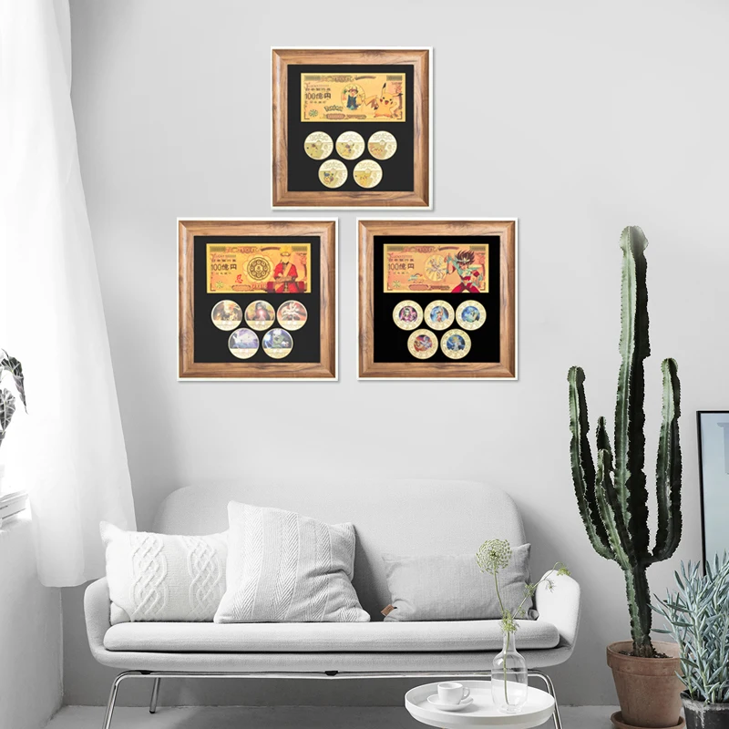 5PCS Gold Coins Set Banknote with Wood Frame Case Japanese Challenge Coins Dragon Ball Anime Coins Collectibles Giift for Men