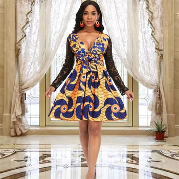 Tolu Print High Waist Lace Sleeve Dress