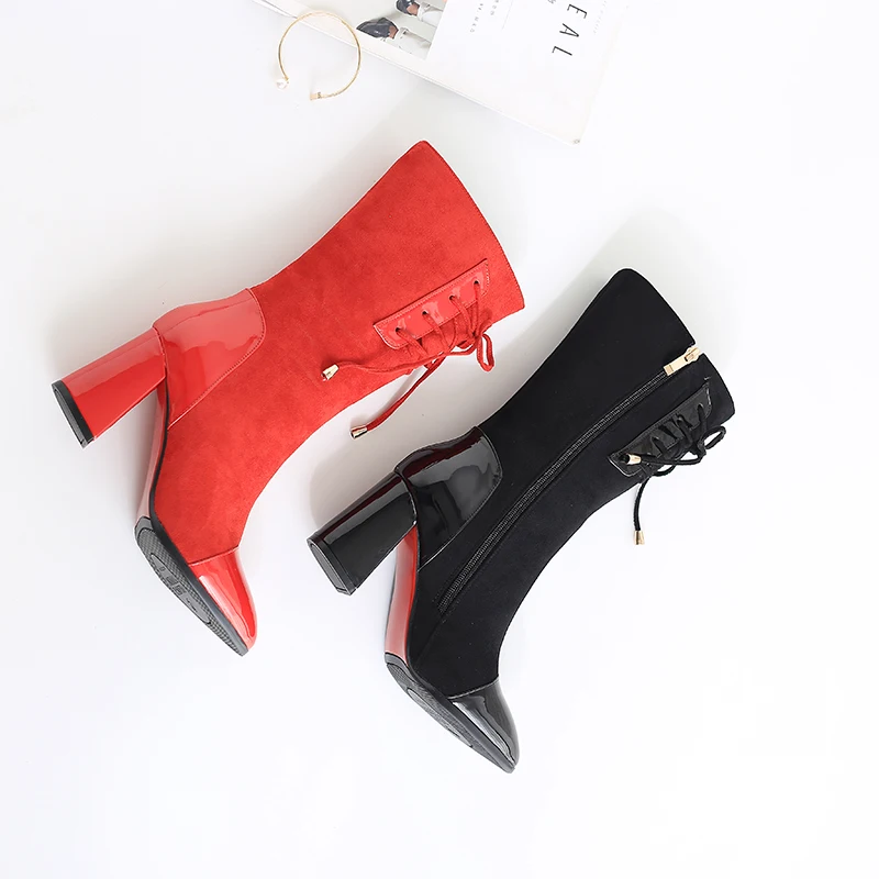 EGONERY/модные сапоги до середины икры; сапоги из лакированной кожи на молнии; цвет красный, черный; сезон осень-зима; женская обувь на высоком каблуке 7,5 см