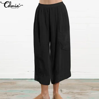 

2020 Celmia Vintage Women High Elastic Waist Wide Leg Pants Palazzon Femme Summer Casual Pockets Loose Pleated Palazzo Plus Size