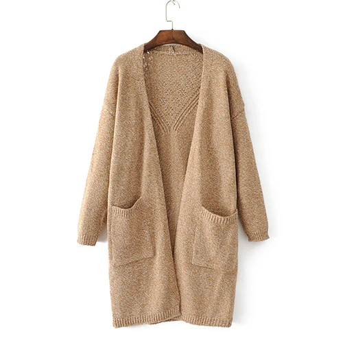 PEONFLY выдалбливают длинный кардиган женский сплошной цвет карман осень зима длинный рукав женский свитер-кардиган свободный джемпер - Цвет: Khaki