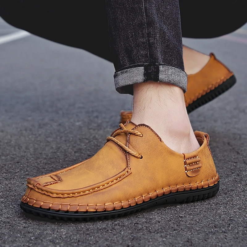 

Men Fashion shoes Genuine Leather Casual Soft Comfortable Flats Shoes Men lace up handmade sewing Moccasins Shoes big size 47
