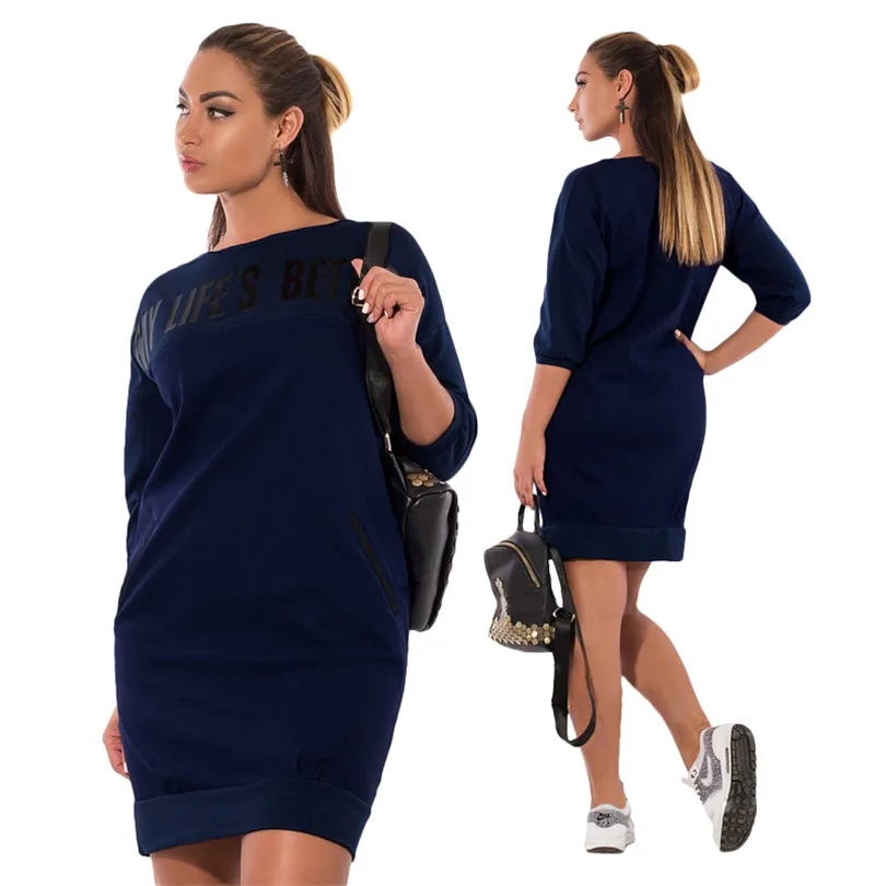 5XL 6XL осенне-зимнее женское платье большого размера с буквенным принтом, повседневное Спортивное платье большого размера с карманами Vestidos