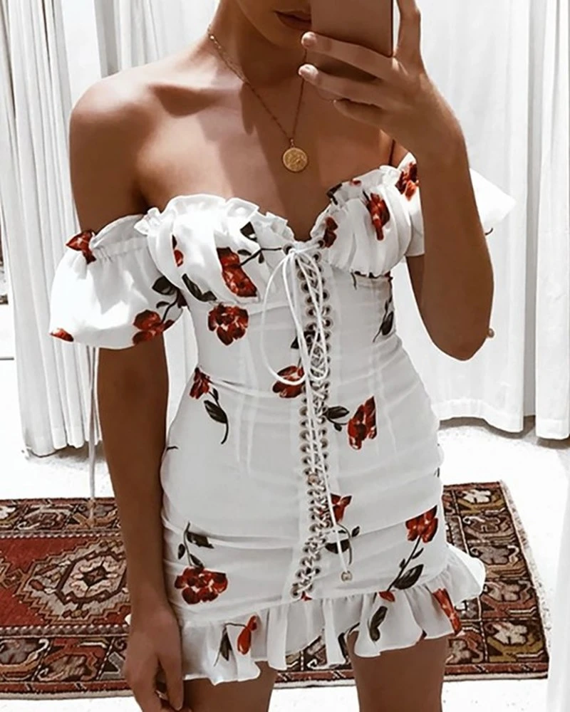 Robe D Ete Sexy Pour Femme Robe A Lacets Sans Bretelles Epaules Nues Sexy Manches Courtes Et Volants Imprime Floral Blanc Mode 2020 Aliexpress