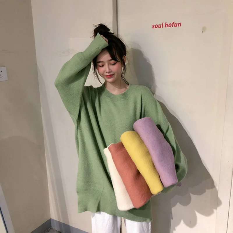 

Hong Kong style autumn and winter new net red models 2019 explosion models lazy wind hooded loose candy color sweater women