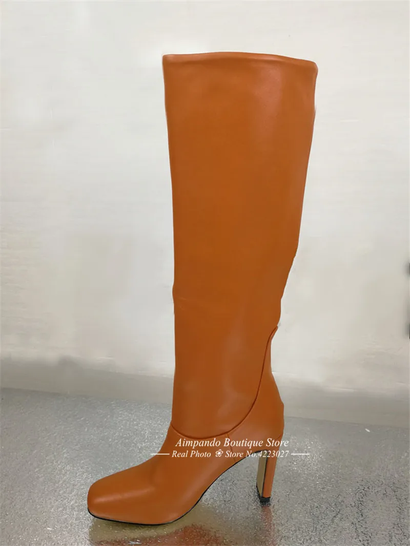 Brown no buckle Fashion Boots Women Elegant Square Toe Slim Knee High Slip On Bottes Concise Solid Chunky Square High Heel Boots Woman 43 - Color: Brown no buckle