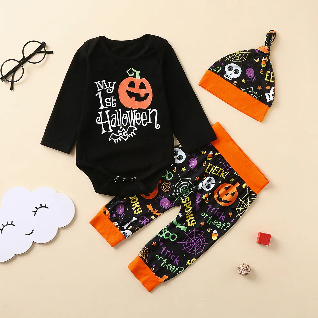 New Winter Party-wear Costume Infant Clothing Set Baby Boy Girl Halloween Letter Romper Bodysuit+Cartoon Pants+Hat Outfits
