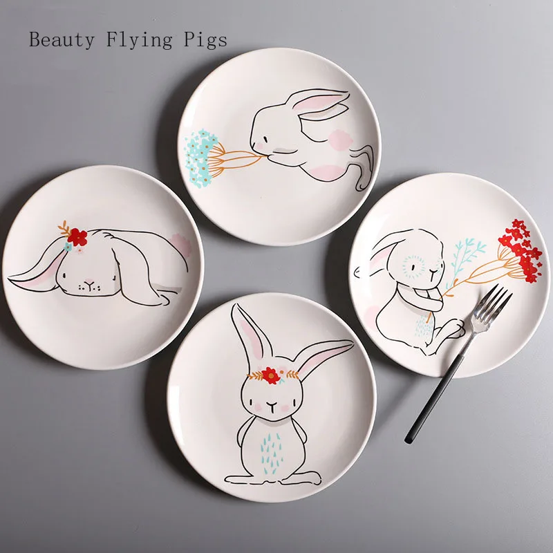 4Pcs Cute Cartoon Rabbit Ceramic Plate Cake Dinner Dish Creative Bone Porcelain Cattle Drainage Fruit Plate Dessert Dish