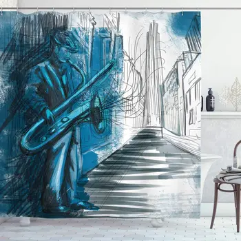 

Music Shower Curtain Saxophone Man Playing Solo in Street at Night Vibes Grunge Design Print Bathroom Decor Set with Hooks 70"