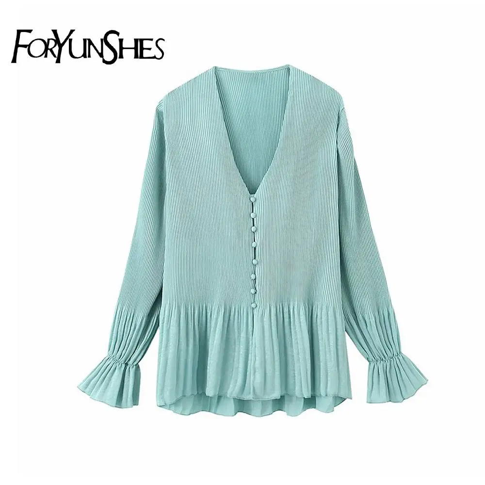 

Women's Retro Pleated Cardigan 2020 New Spring Autumn Deep V Neck Open Stitch Sweaters with Ruffles Long Flare Sleeve Top