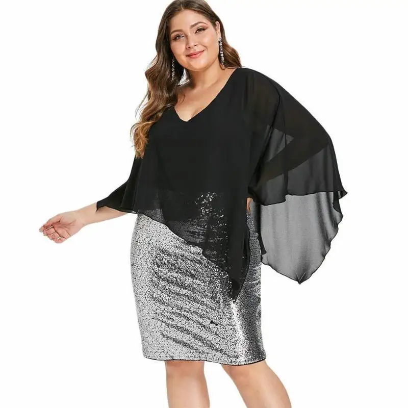 Плюс размер шифоновый платок с пайетками платье для женщин с v-образным вырезом обёрточная Женская однотонная большой размер элегантный одежда для женщин